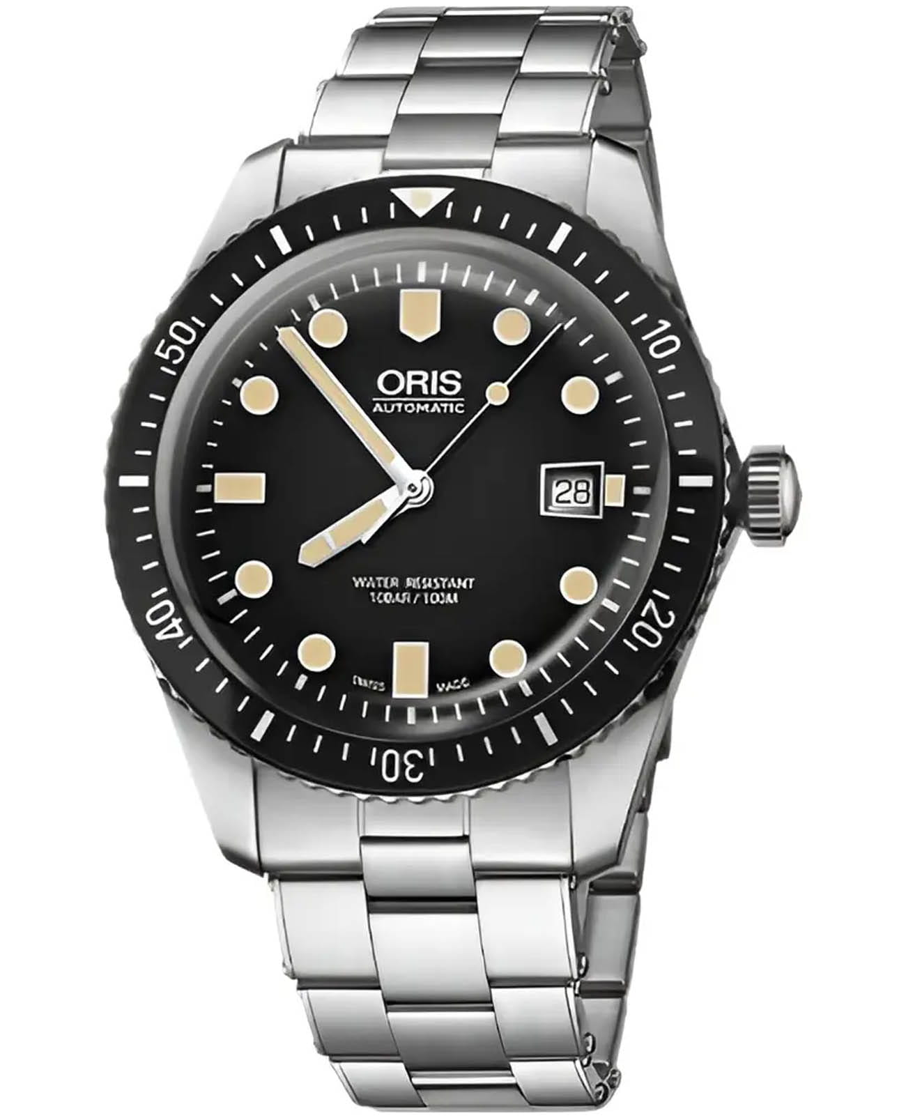 Oris Oris Divers Sixty‑Five 01 733 7720 4054-07 8 21 18  01 733 7720 4054-07 8 21 18 механические мужские часы черный циферблат, браслет нержавеющая сталь — вид спереди